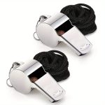 2pcs Stainless Steel Whistles/Ultra-Loud Round Whistles for Referees, Coaches, Outdoor Sports, Hiking & Climbing/Black Braided Cord/Durable Metal Design for Visibility & Durability, Hiking Accessories, Sleek Metallic Finish, Robust Construction - Image 3