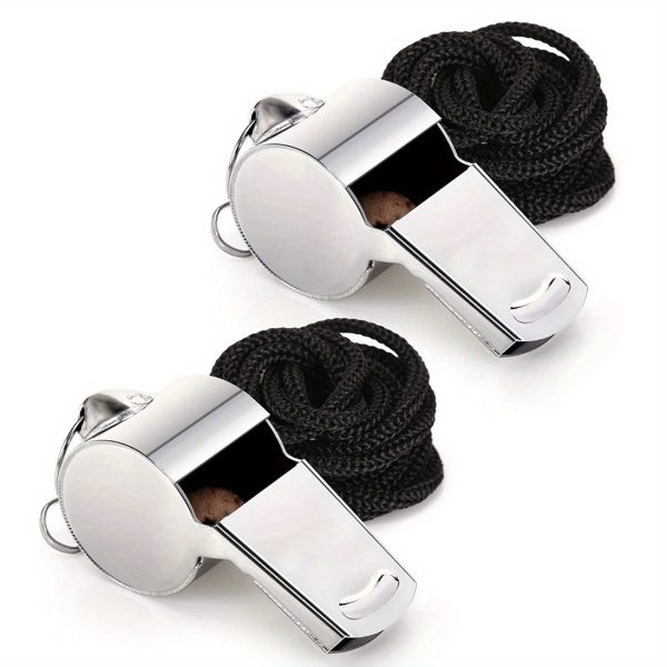 2pcs Stainless Steel Whistles/Ultra-Loud Round Whistles for Referees, Coaches, Outdoor Sports, Hiking & Climbing/Black Braided Cord/Durable Metal Design for Visibility & Durability, Hiking Accessories, Sleek Metallic Finish, Robust Construction - Image 3