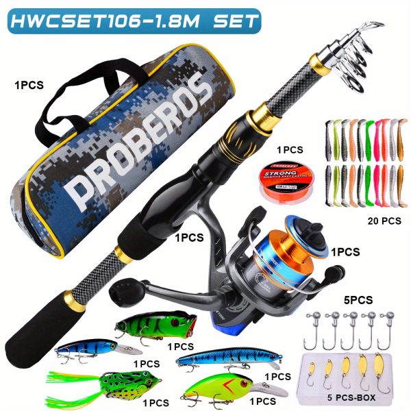 PROBEROS Fishing Rod Reel Combo Kit, Including Spinning Reel, 1.5m-2.4m/4.9ft-7.9ft Fishing Pole, Fishing Line, Artificial Bionic Lure, Sinker Hooks Full Set with Storage Bag - Image 5