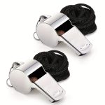 2pcs Stainless Steel Whistles/Ultra-Loud Round Whistles for Referees, Coaches, Outdoor Sports, Hiking & Climbing/Black Braided Cord/Durable Metal Design for Visibility & Durability, Hiking Accessories, Sleek Metallic Finish, Robust Construction