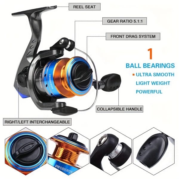 PROBEROS Fishing Rod Reel Combo Kit, Including Spinning Reel, 1.5m-2.4m/4.9ft-7.9ft Fishing Pole, Fishing Line, Artificial Bionic Lure, Sinker Hooks Full Set with Storage Bag - Image 8