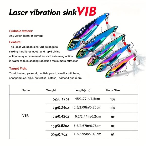 [Colorful VIB Fishing Lure] PROBEROS Colorful Vibration Sequin Long Casting VIB Fishing Lure | 1pc 5g-20g Artificial Bass Bait Sinking Spinner Spoon Swimbait with Artificial Feathers - Image 2