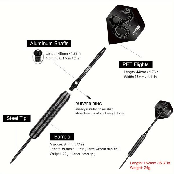 Cyeelife 3 Darts with Black Tail Fins, 24G Iron Dart Tubes, Hard Tip Darts - Image 2