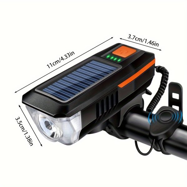 1pc Solar Powered Bicycle Horn Light With Power Indicator, T6 Bright LED Front Light, USB Rechargeable, High-Decibel Horn, Multiple Light Modes (350/200 Lumens) - Image 2