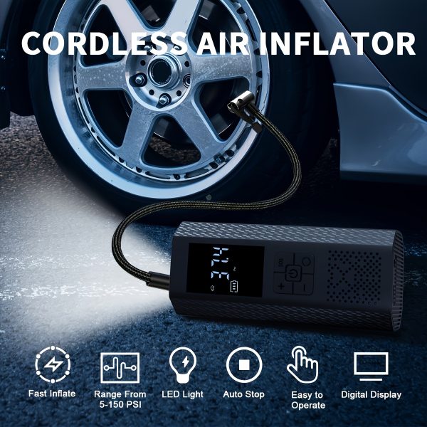 Portable Tire Inflator, 150PSI Air Compressor with Pressure Gauge & LED Light, 3X Fast One-Button Smart Cordless Pump for Cars, Motorcycles, Bikes, Balls, and More - Image 8