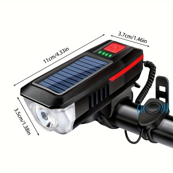 1pc Solar Powered Bicycle Horn Light With Power Indicator, T6 Bright LED Front Light, USB Rechargeable, High-Decibel Horn, Multiple Light Modes (350/200 Lumens) - Image 5