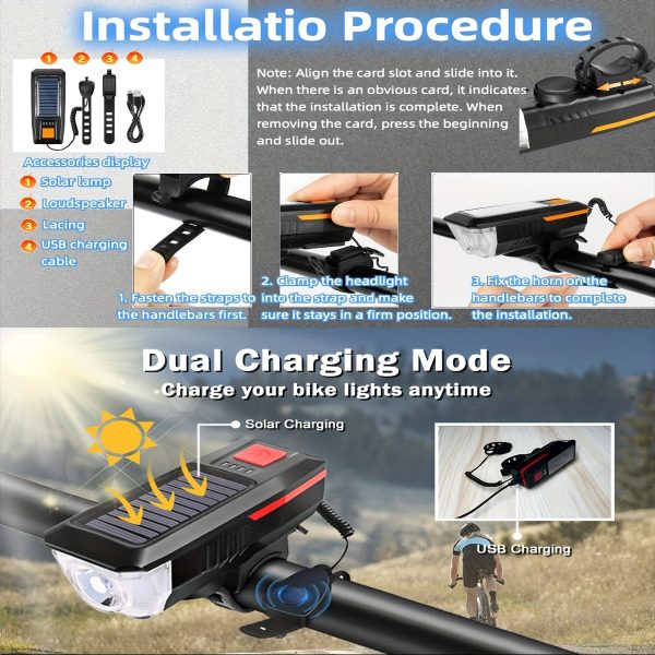 1pc Solar Powered Bicycle Horn Light With Power Indicator, T6 Bright LED Front Light, USB Rechargeable, High-Decibel Horn, Multiple Light Modes (350/200 Lumens) - Image 4