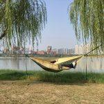 Dual-Tone Parachute Hammock with Black and Brown Stripes - Durable Nylon, Easy Setup with Rope and Hooks, Perfect for Camping, Travel, and Outdoor Adventures, Travel Gear|Modern Hammock Design|Durable Hammock - Image 2